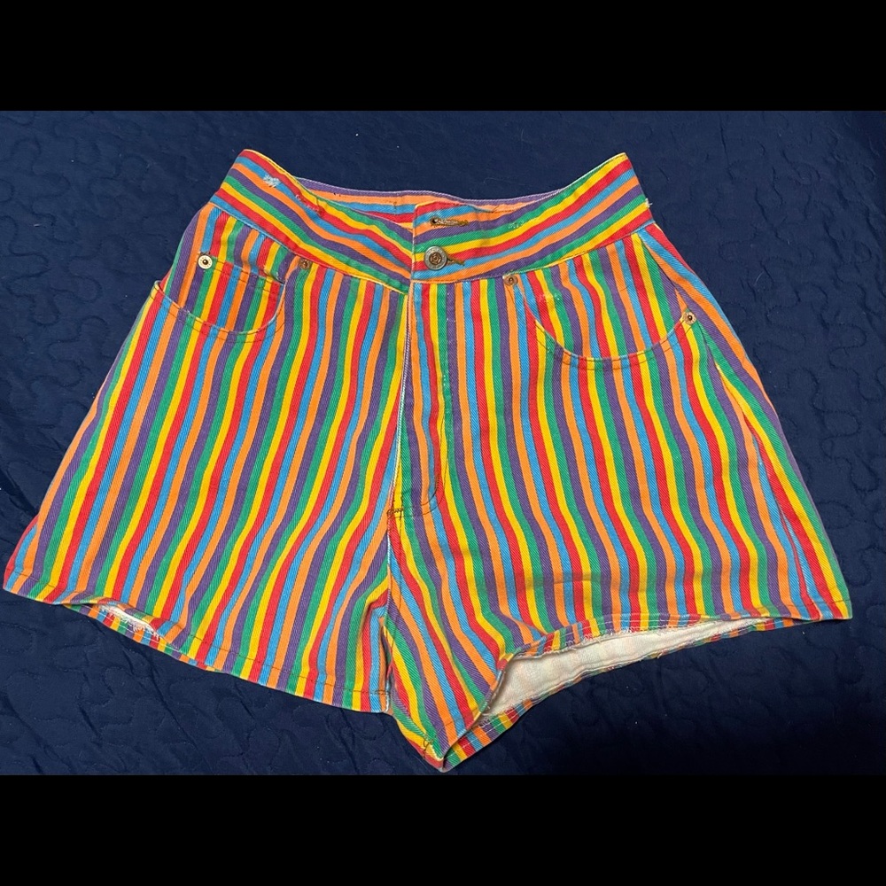 Rainbow Striped High Waisted VTG Denim Shorts